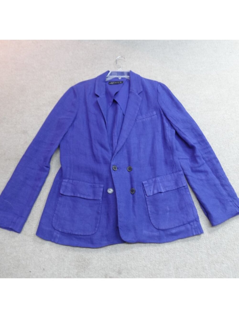Zara Womens Blazer Large Blue Solid 100% Linen Double Breasted Unstructured